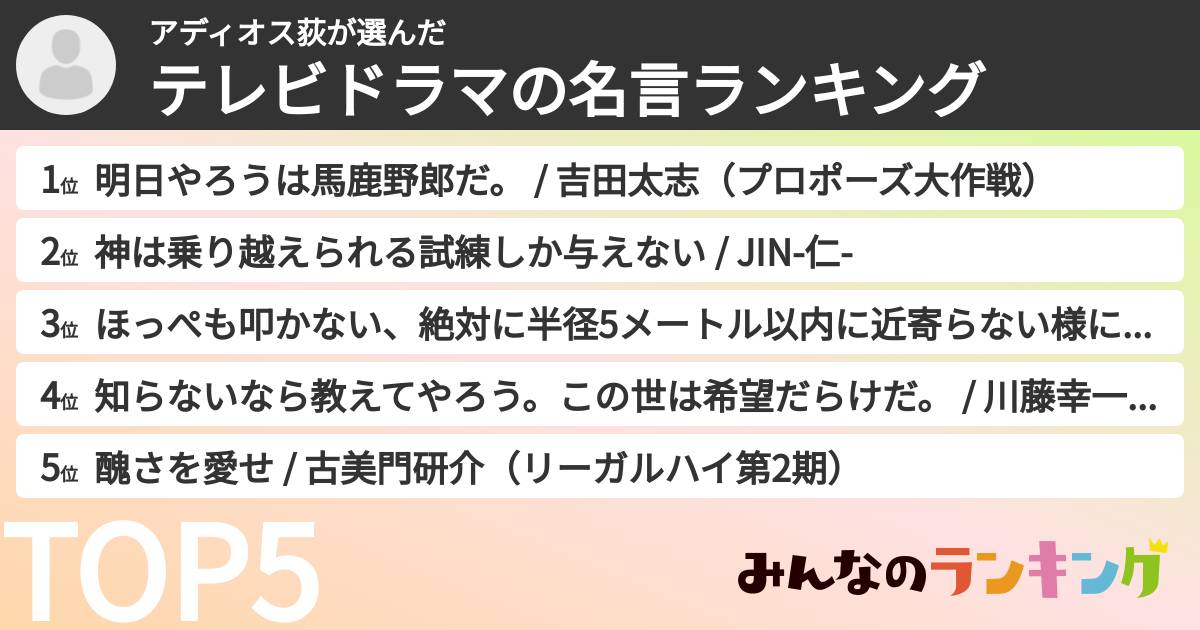 アディオス荻さんの「テレビドラマの名言ランキング」