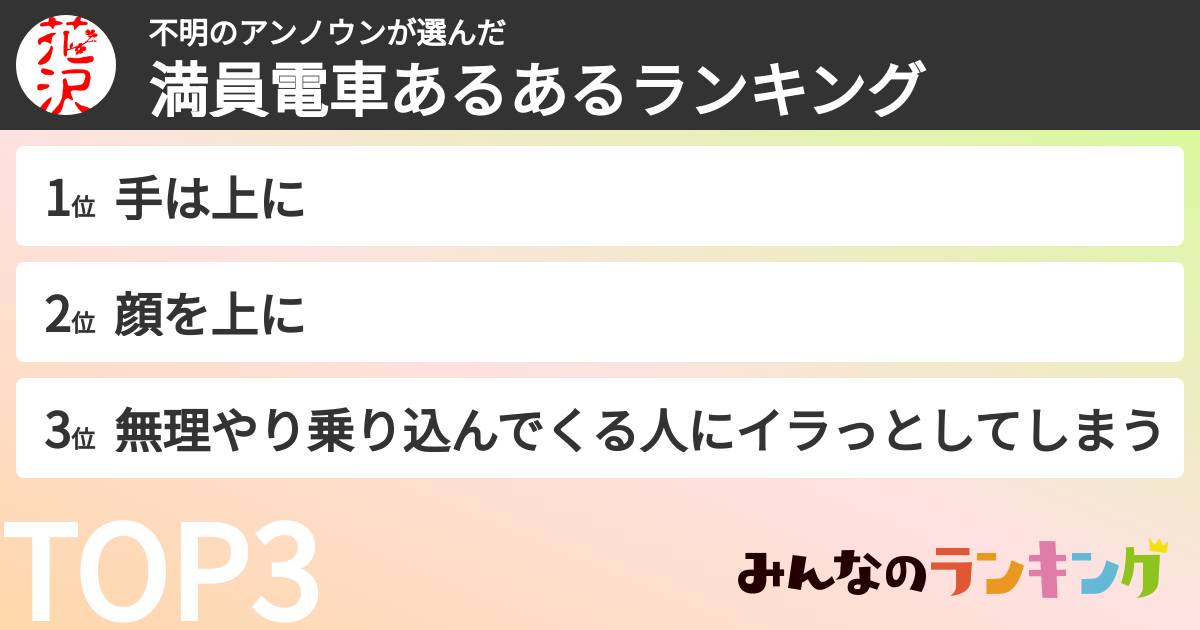 不明のアンノウンさんの「満員電車あるあるランキング」