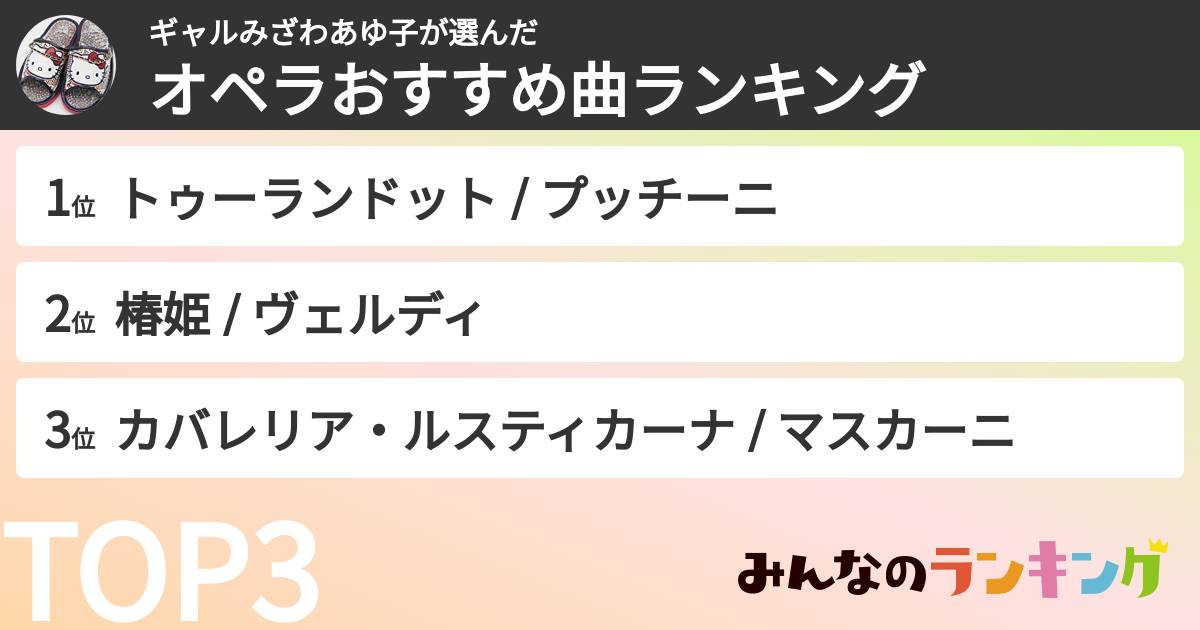 ギャルみざわあゆ子さんの「オペラおすすめ曲ランキング」