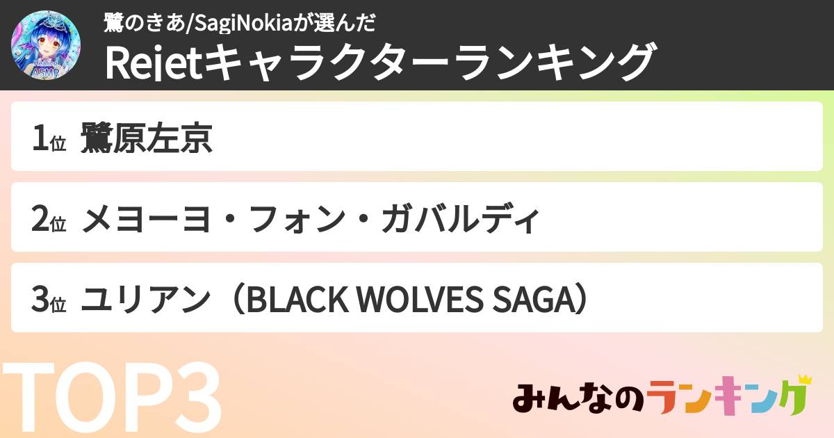 鷺のきあ/SagiNokiaさんの「Rejetキャラクターランキング」