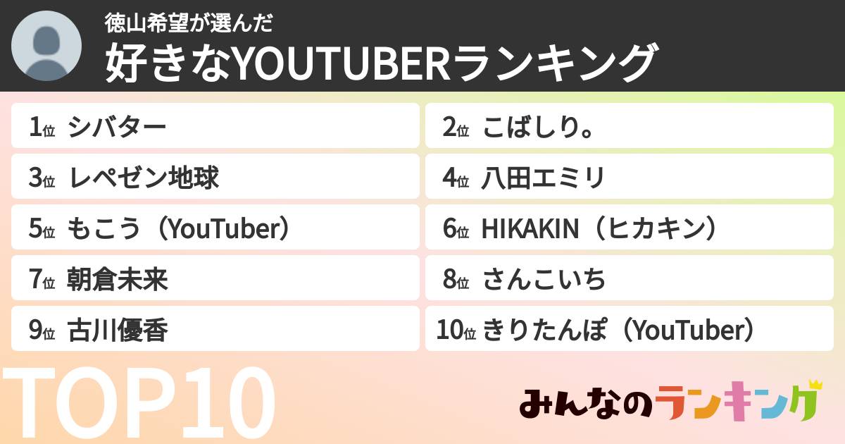 徳山希望さんの「好きなYOUTUBERランキング」