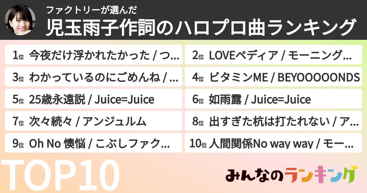 ファクトリーさんの「児玉雨子作詞のハロプロ曲ランキング」