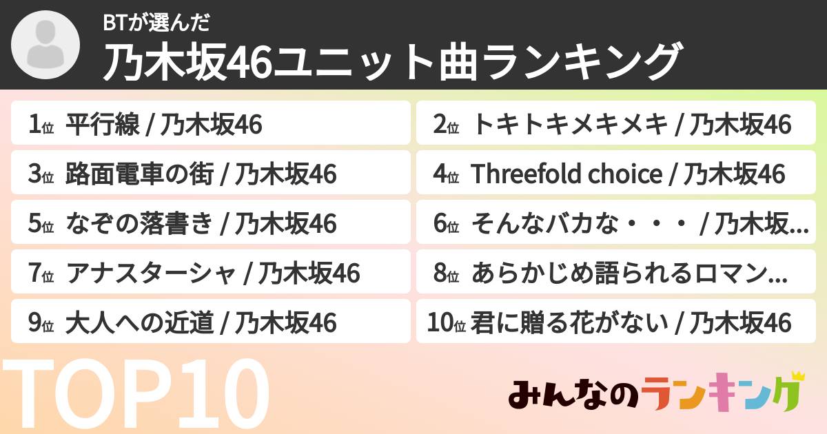 BTさんの「乃木坂46ユニット曲ランキング」