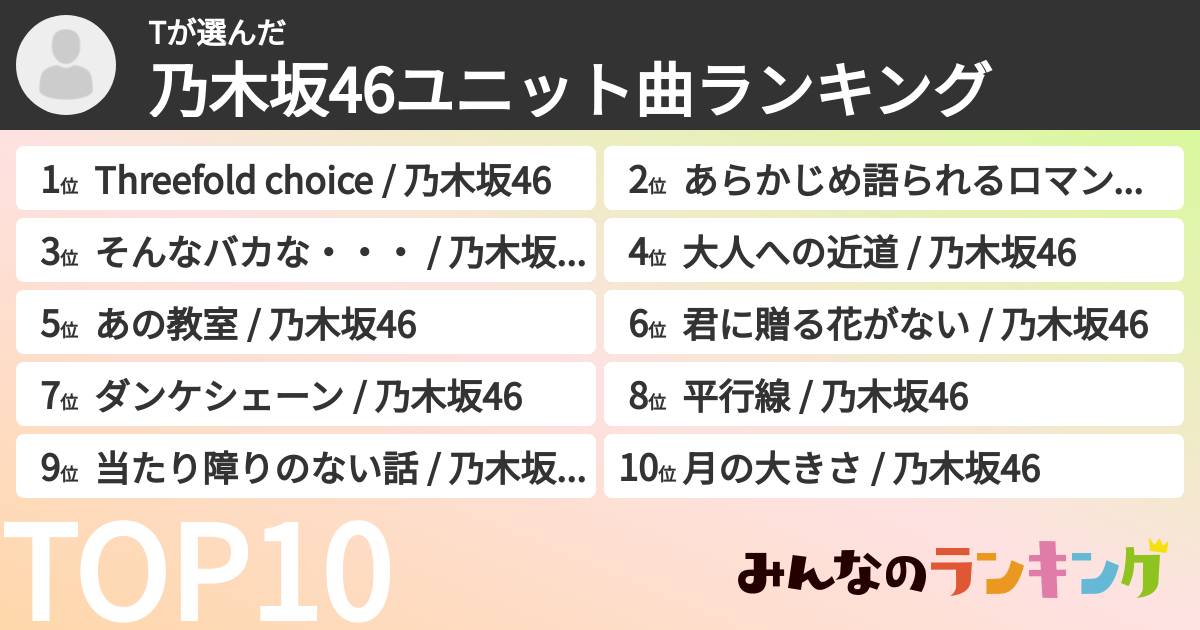 Tさんの「乃木坂46ユニット曲ランキング」