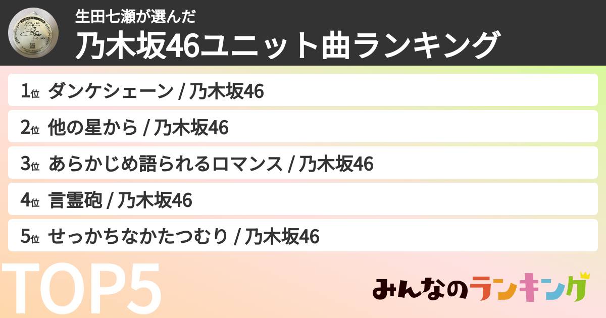 生田七瀬さんの「乃木坂46ユニット曲ランキング」