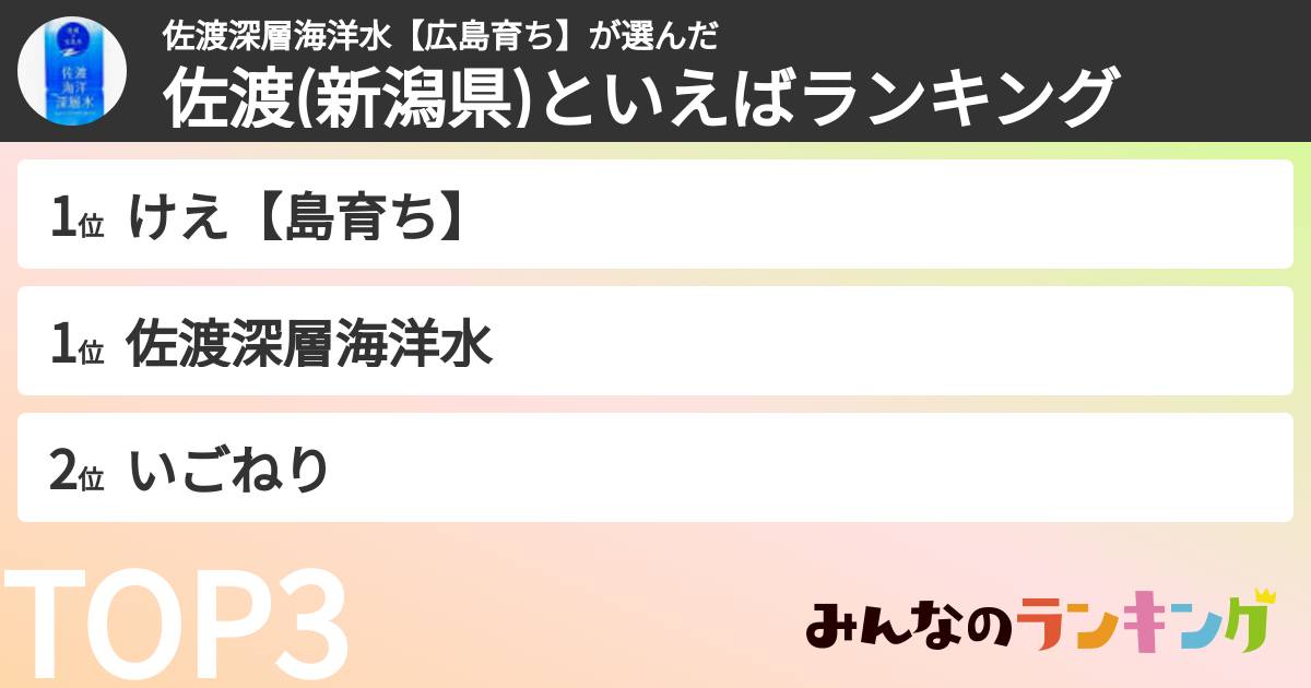 佐渡深層海洋水【広島育ち】さんの「佐渡(新潟県)といえばランキング」