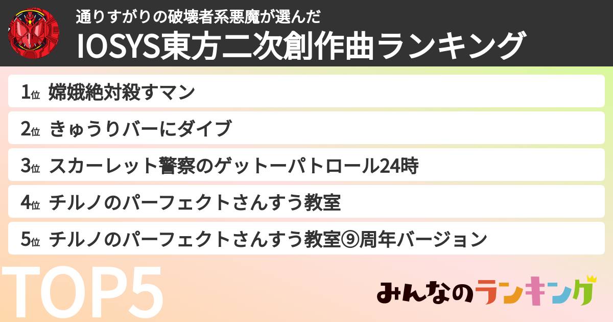 通りすがりの破壊者系悪魔さんの「IOSYS東方二次創作曲ランキング」