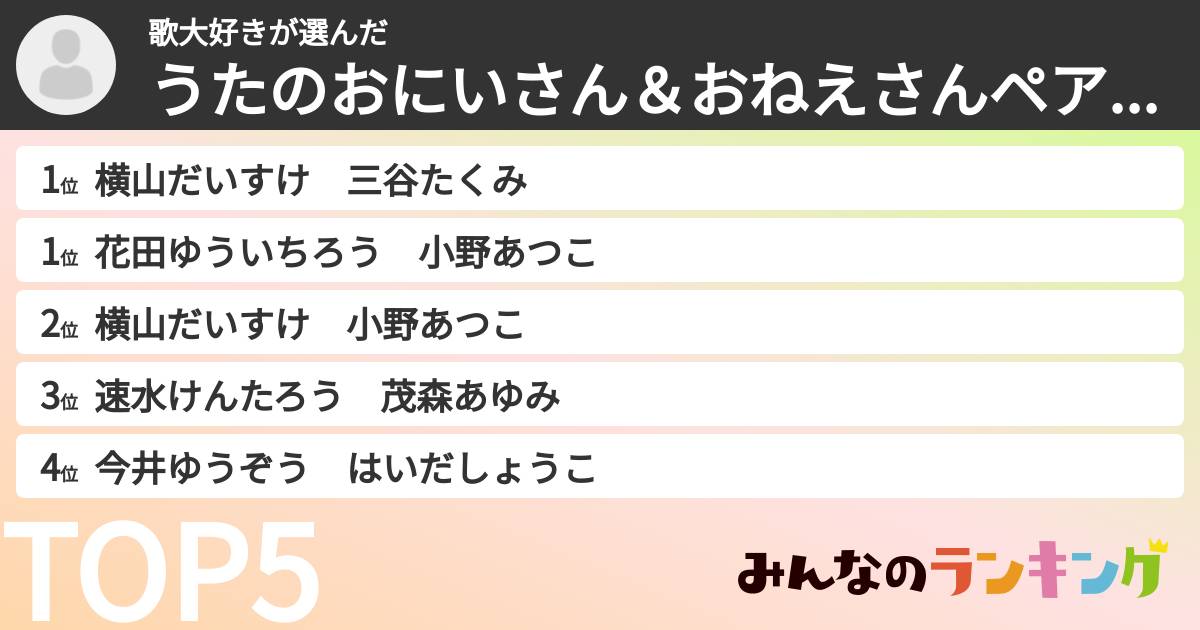 歌大好きさんの「うたのおにいさん＆おねえさんペアランキング」