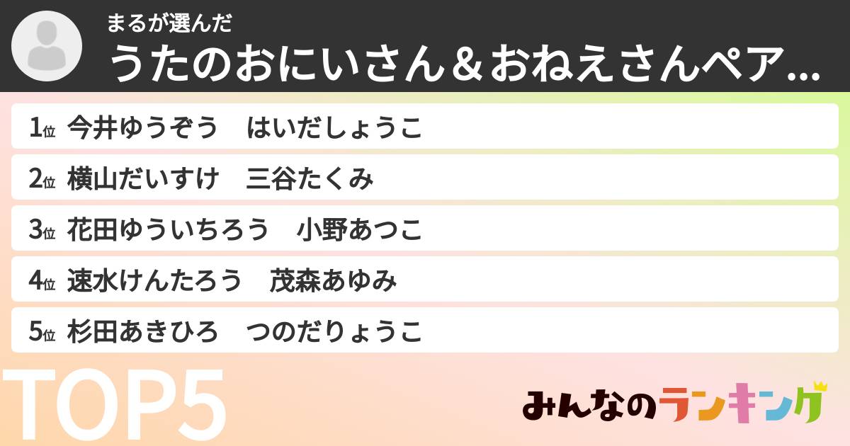 まるさんの「うたのおにいさん＆おねえさんペアランキング」