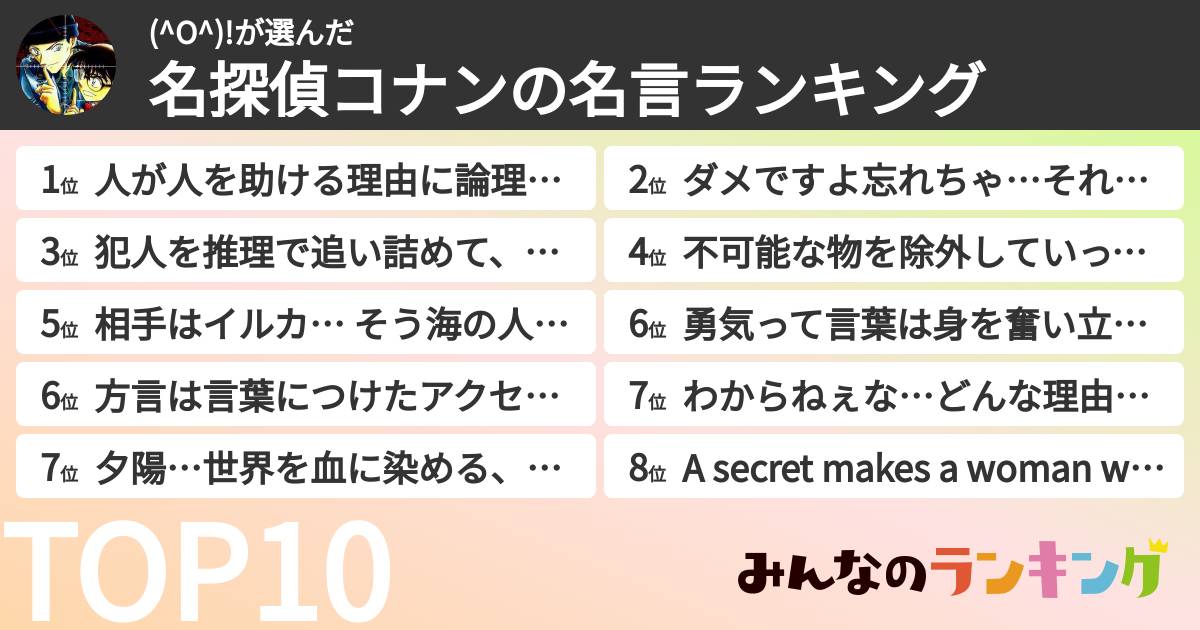 (^O^)!さんの「名探偵コナンの名言ランキング」