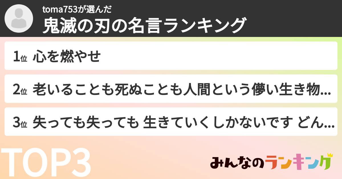 toma753さんの「鬼滅の刃の名言ランキング」