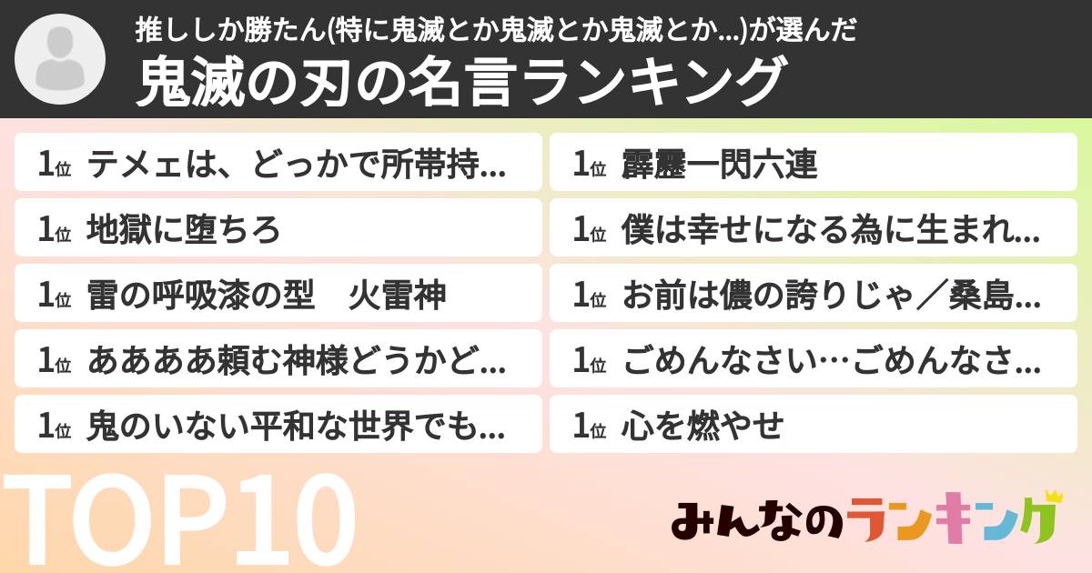 推ししか勝たん(特に鬼滅とか鬼滅とか鬼滅とか...)さんの「鬼滅の刃の名言ランキング」