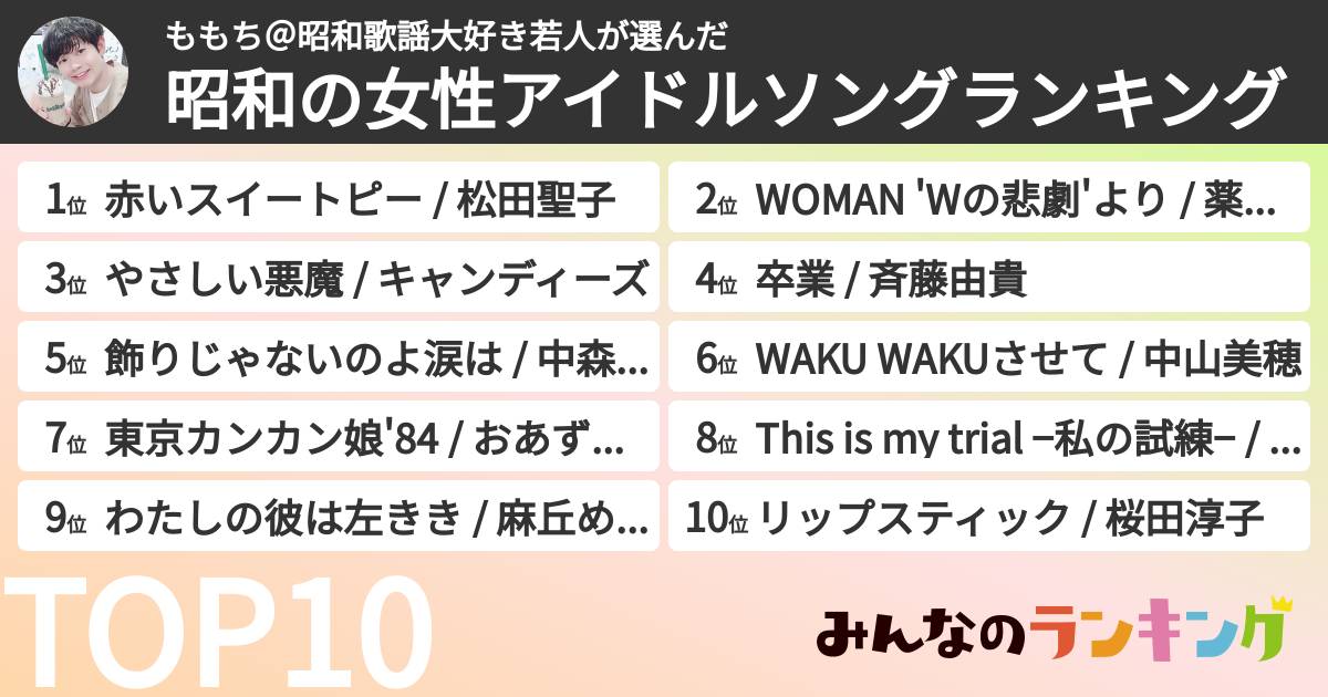 ももち＠昭和歌謡大好き若人さんの「昭和の女性アイドルソングランキング」