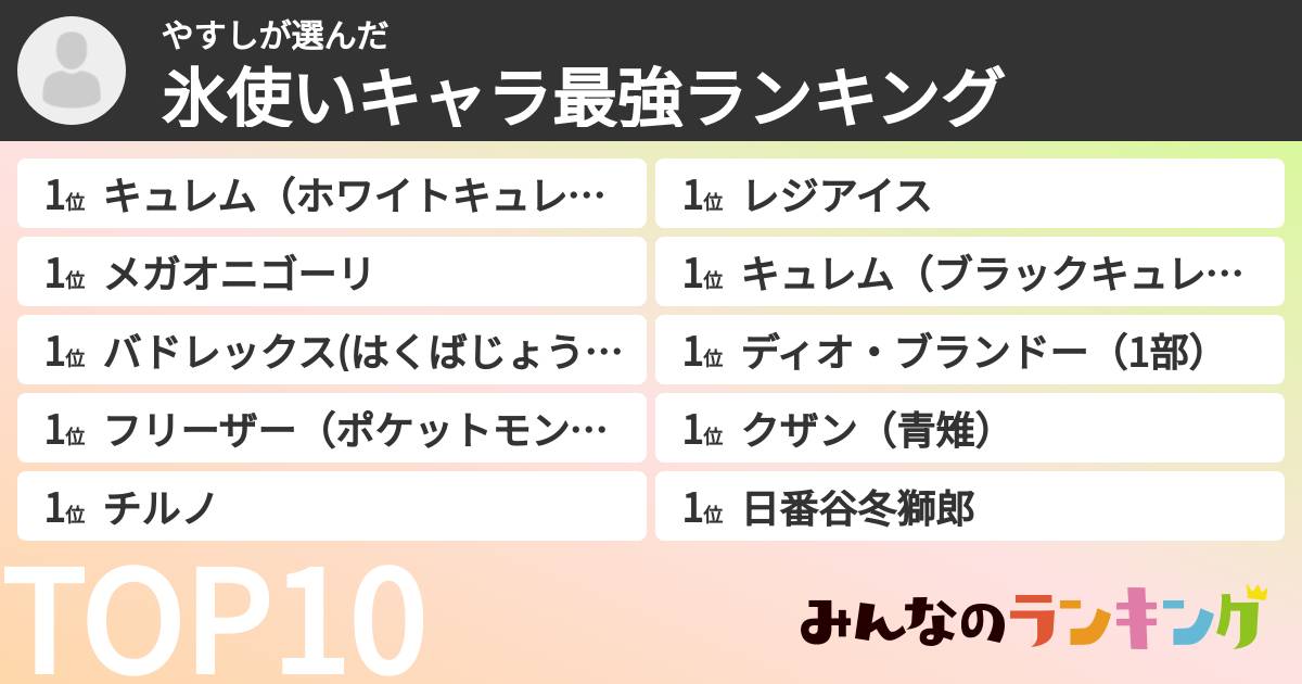 やすしさんの「氷使いキャラ最強ランキング」
