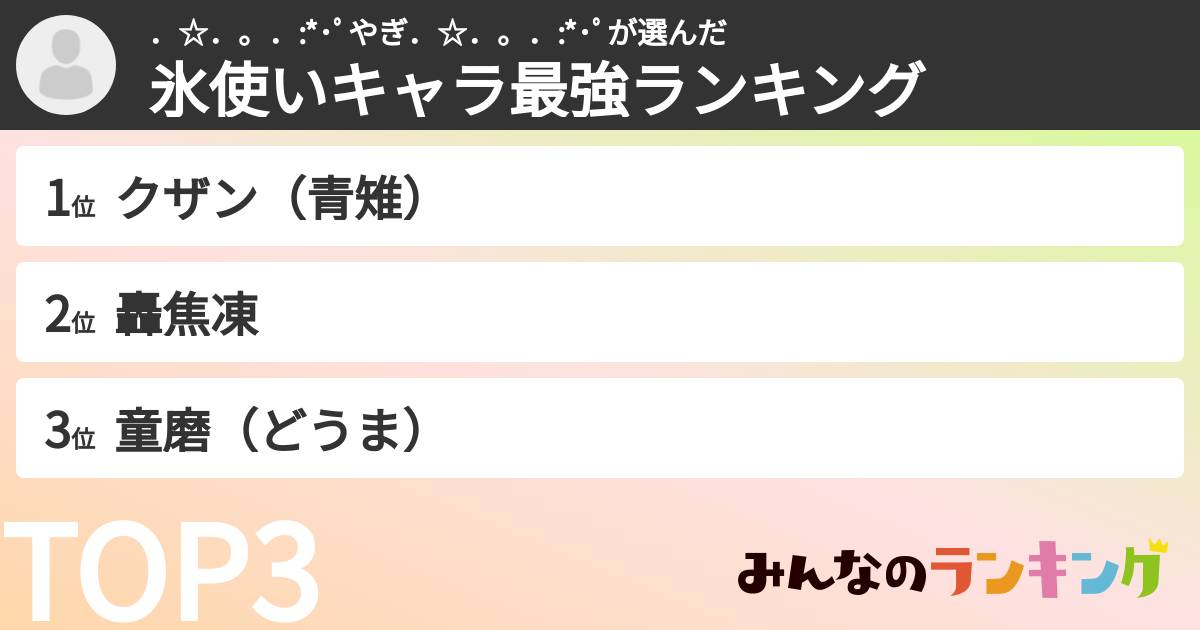 ．☆．。．:*･ﾟやぎ．☆．。．:*･ﾟさんの「氷使いキャラ最強ランキング」