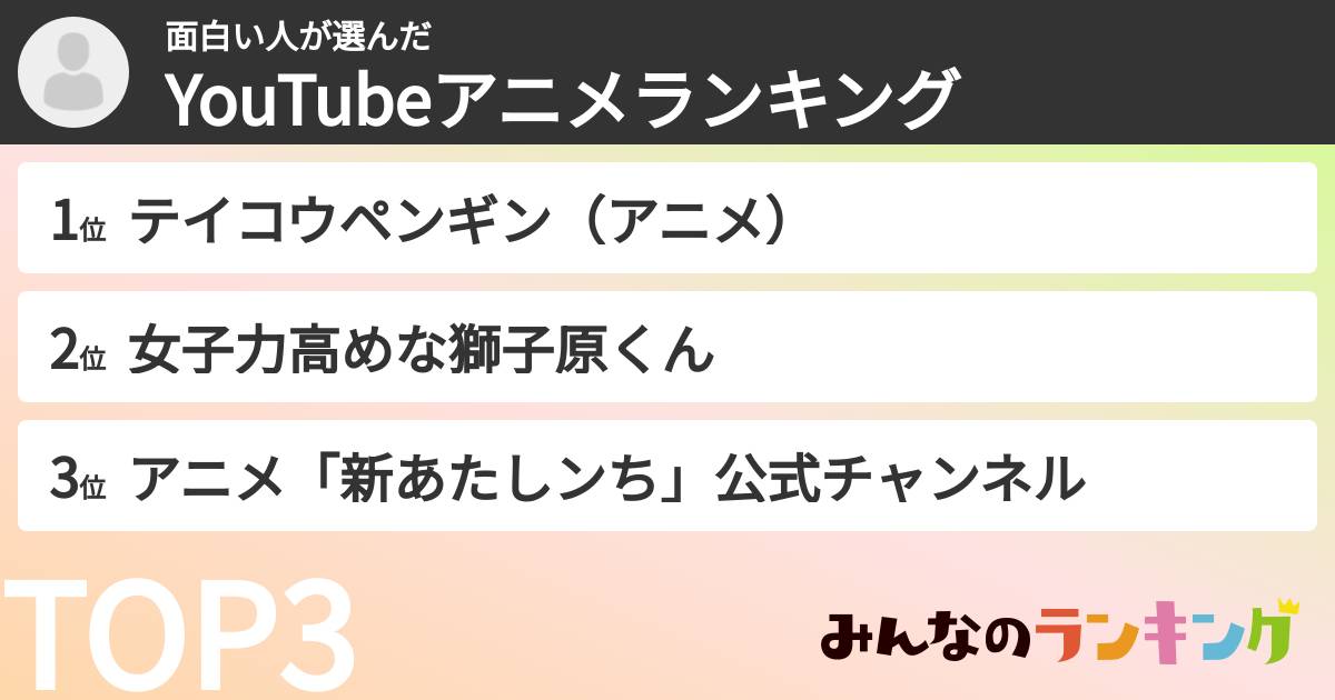 面白い人さんの「YouTubeアニメランキング」