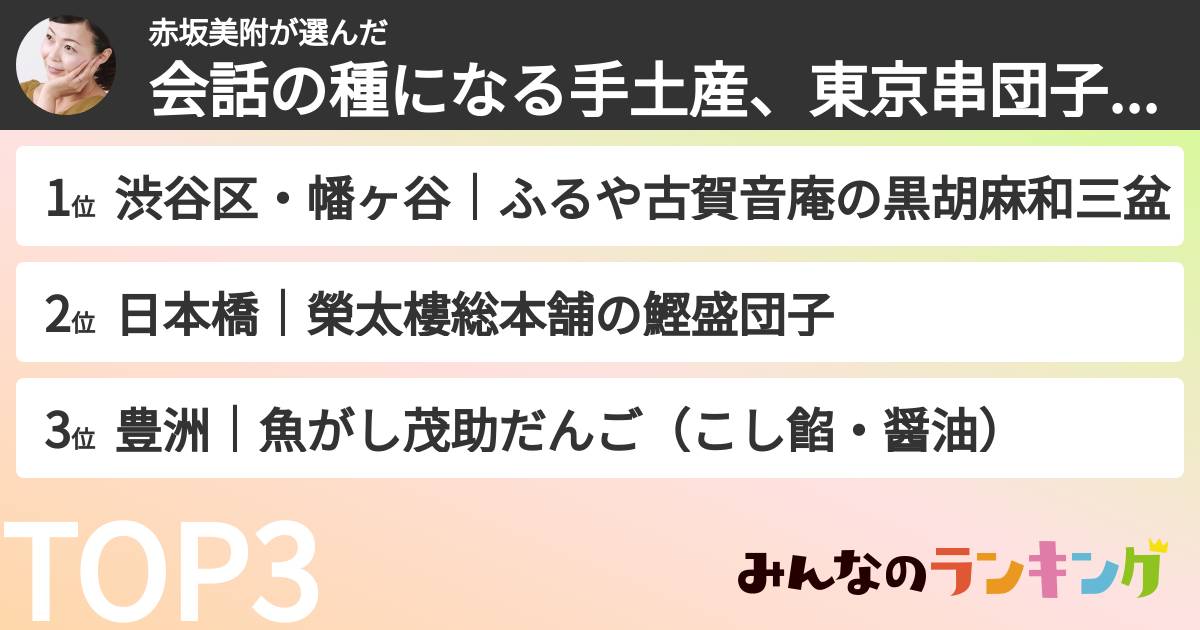 赤坂美附さんの「会話の種になる手土産、東京串団子ランキング」