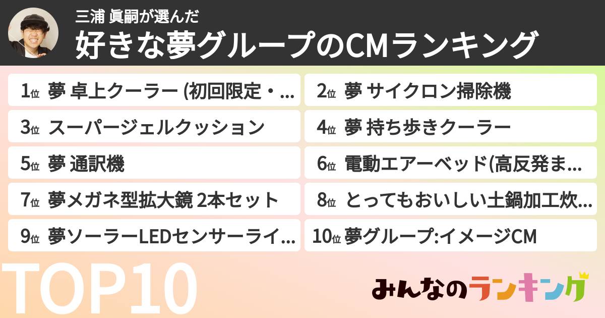 三浦 眞嗣さんの「好きな夢グループのCMランキング」