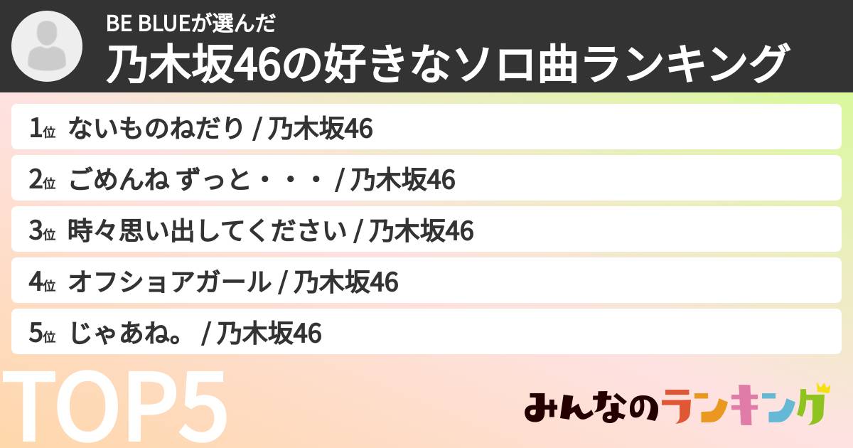 BE BLUEさんの「乃木坂46の好きなソロ曲ランキング」