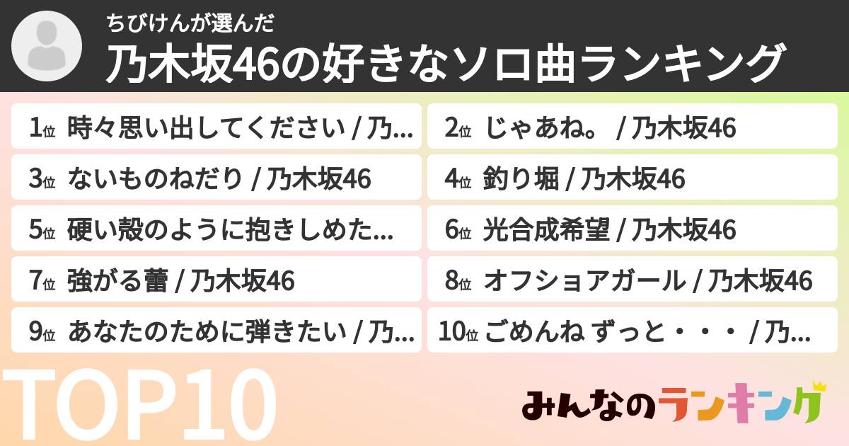 ちびけんさんの「乃木坂46の好きなソロ曲ランキング」