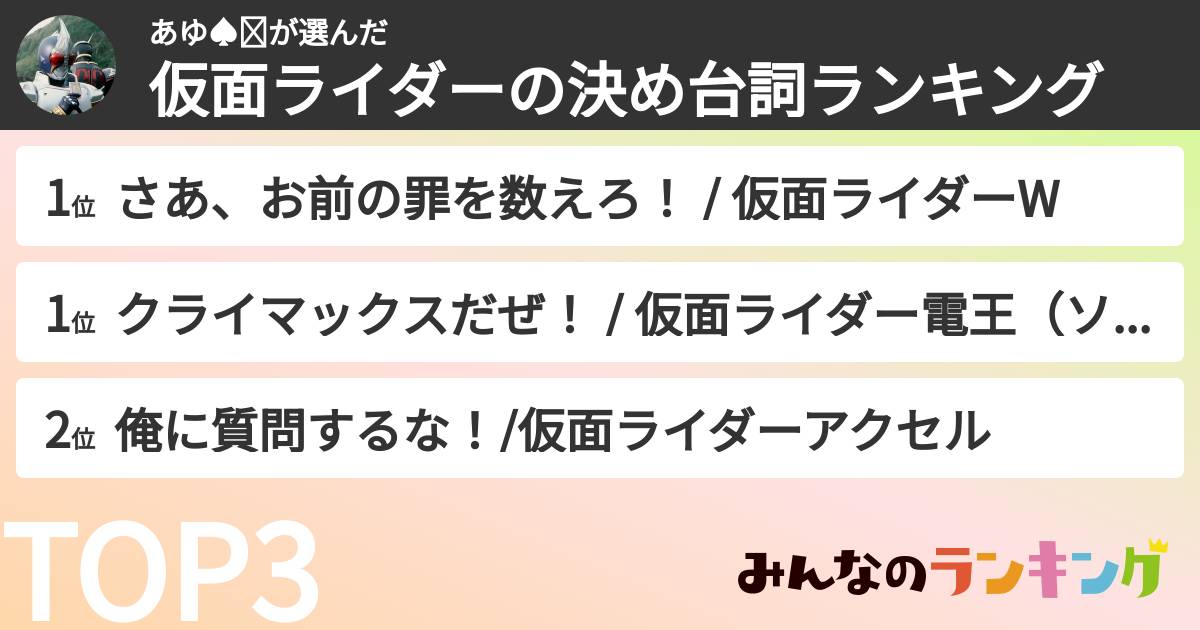 あゆ♠️❤️さんの「仮面ライダーの決め台詞ランキング」