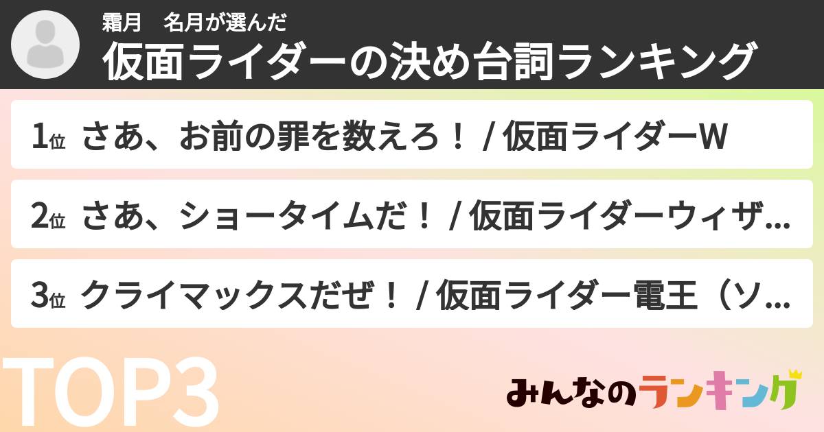 霜月　名月さんの「仮面ライダーの決め台詞ランキング」