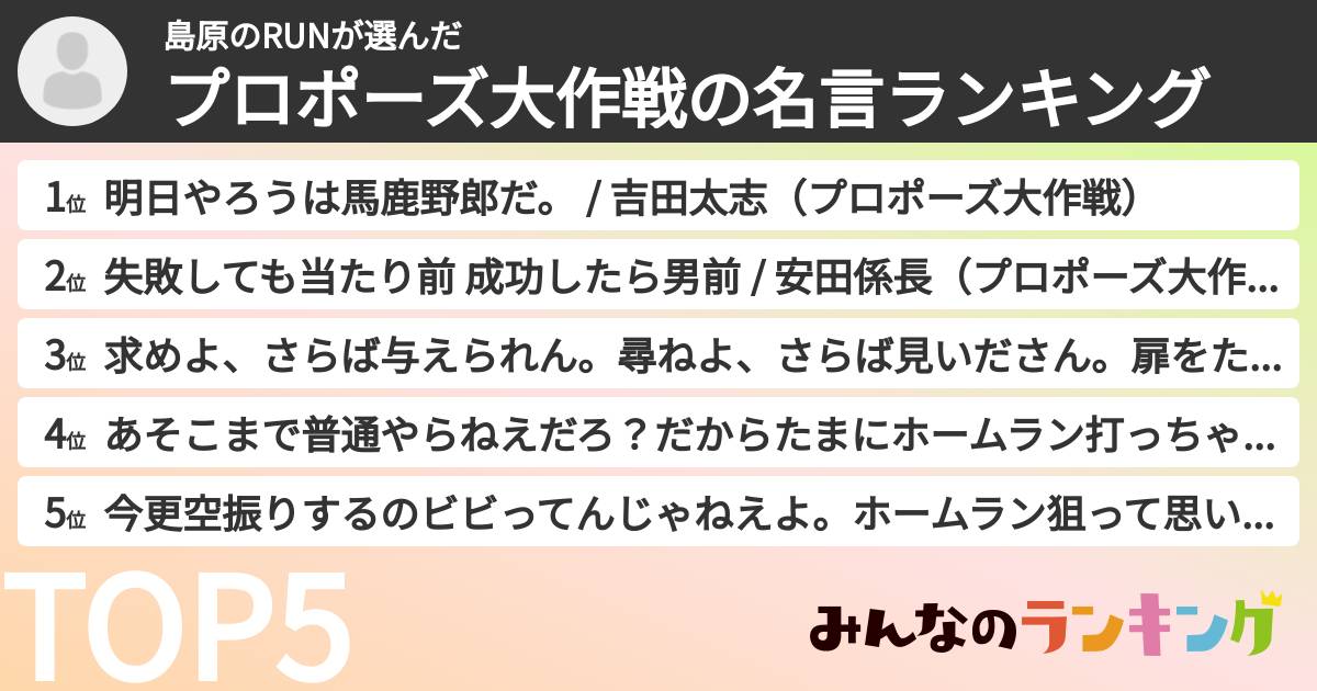島原のRUNさんの「プロポーズ大作戦の名言ランキング」