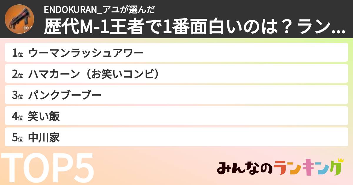 ENDOKURAN_アユさんの「歴代M-1王者で1番面白いのは？ランキング」