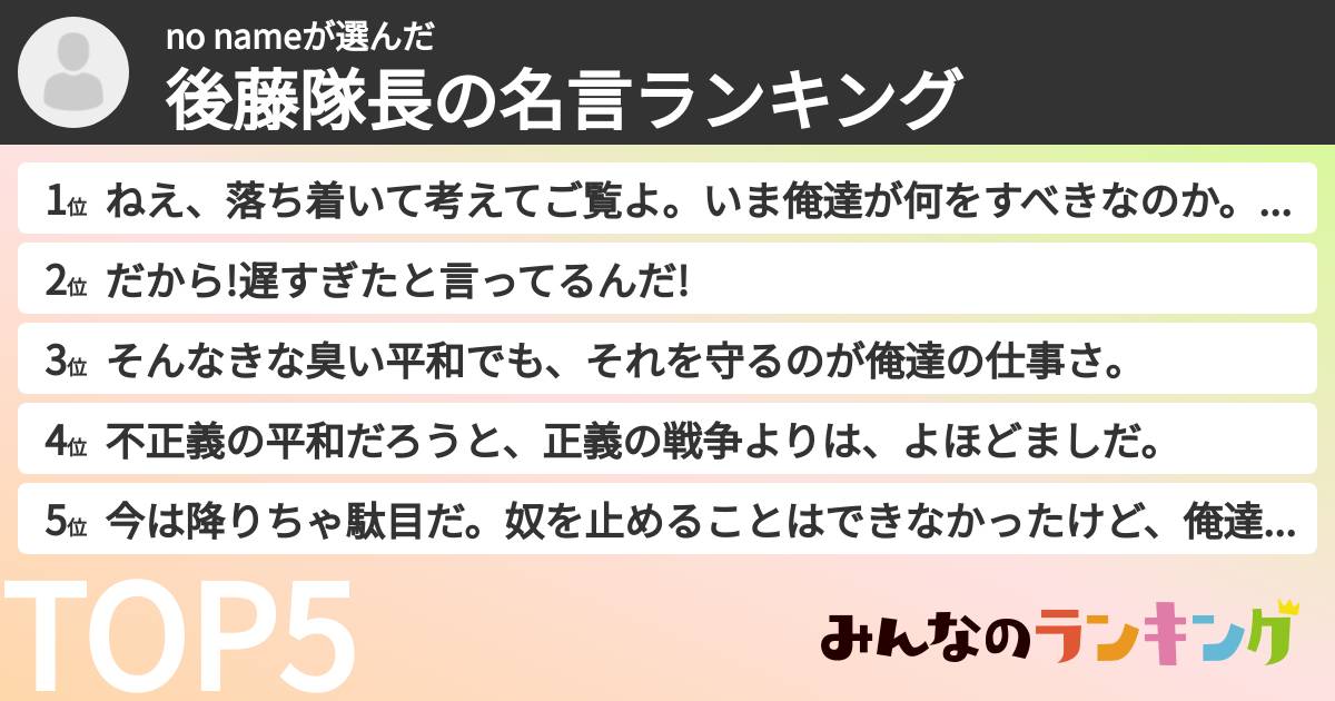 no nameさんの「後藤隊長の名言ランキング」