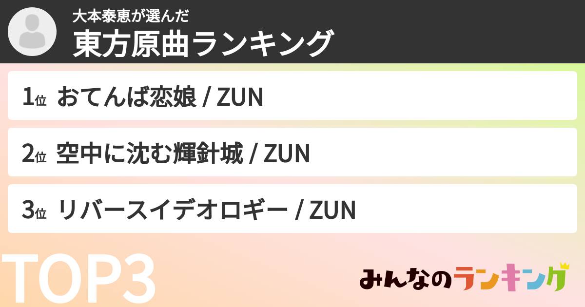 大本泰恵さんの「東方原曲ランキング」
