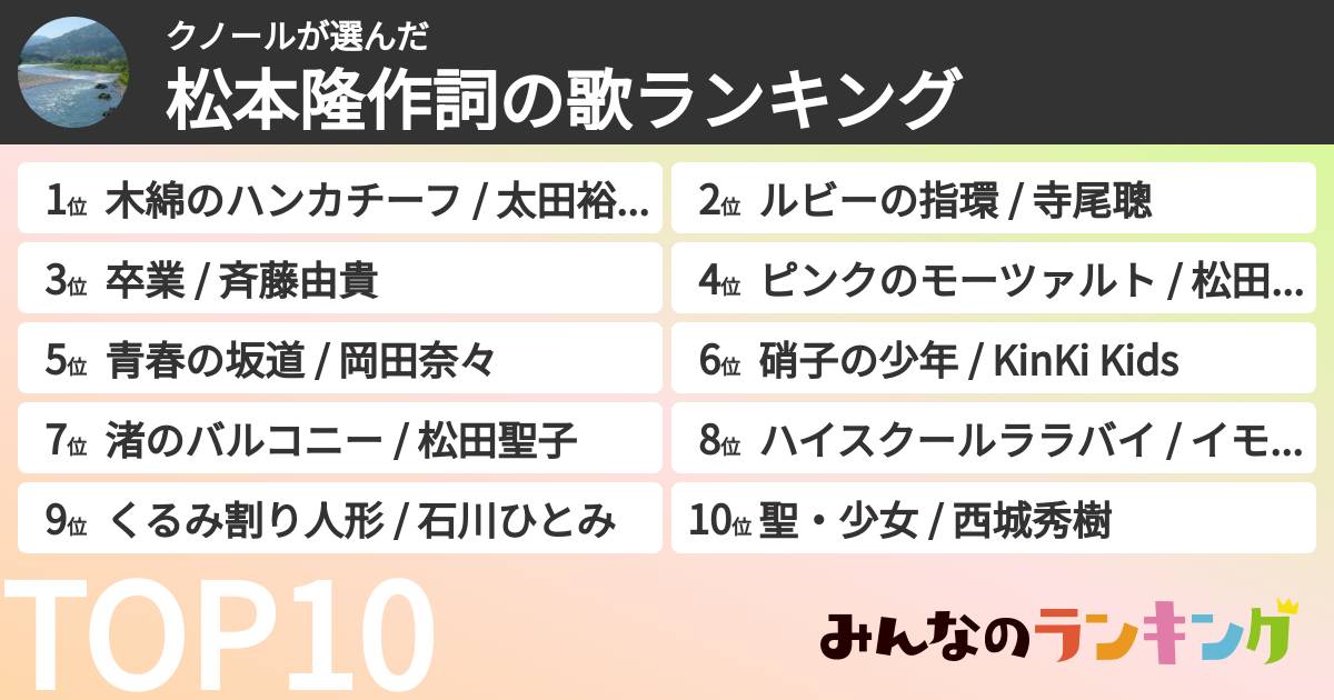クノールさんの「松本隆作詞の歌ランキング」