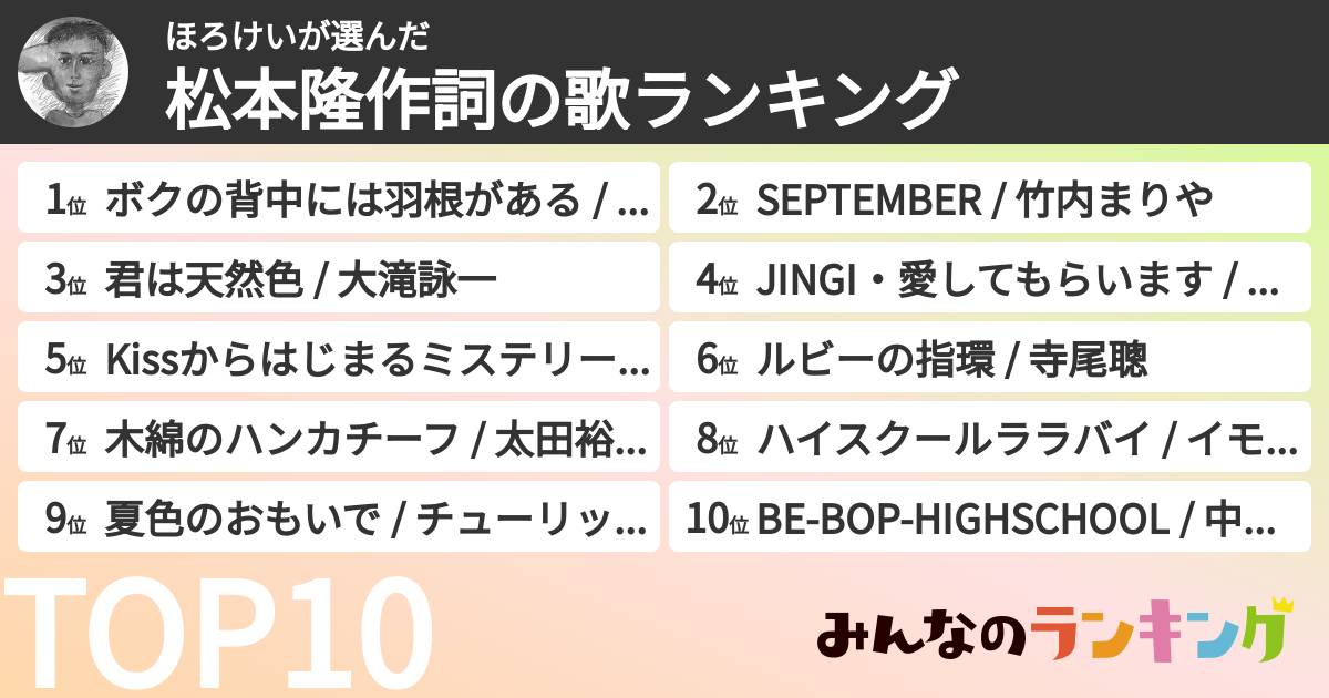 ほろけいさんの「松本隆作詞の歌ランキング」