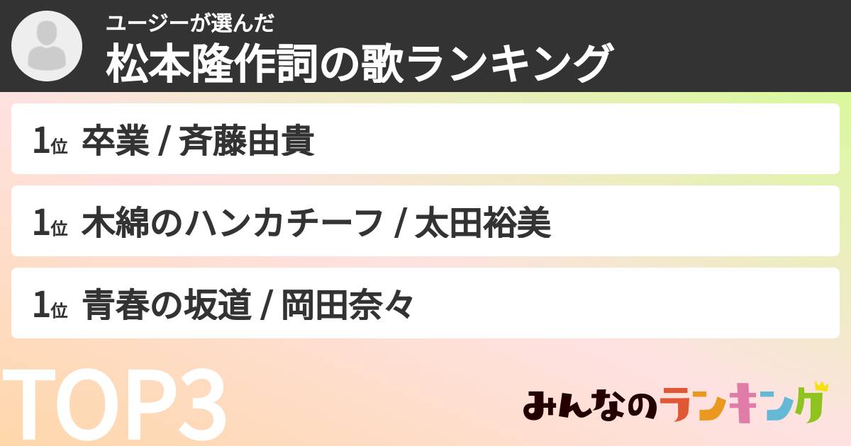 ユージーさんの「松本隆作詞の歌ランキング」