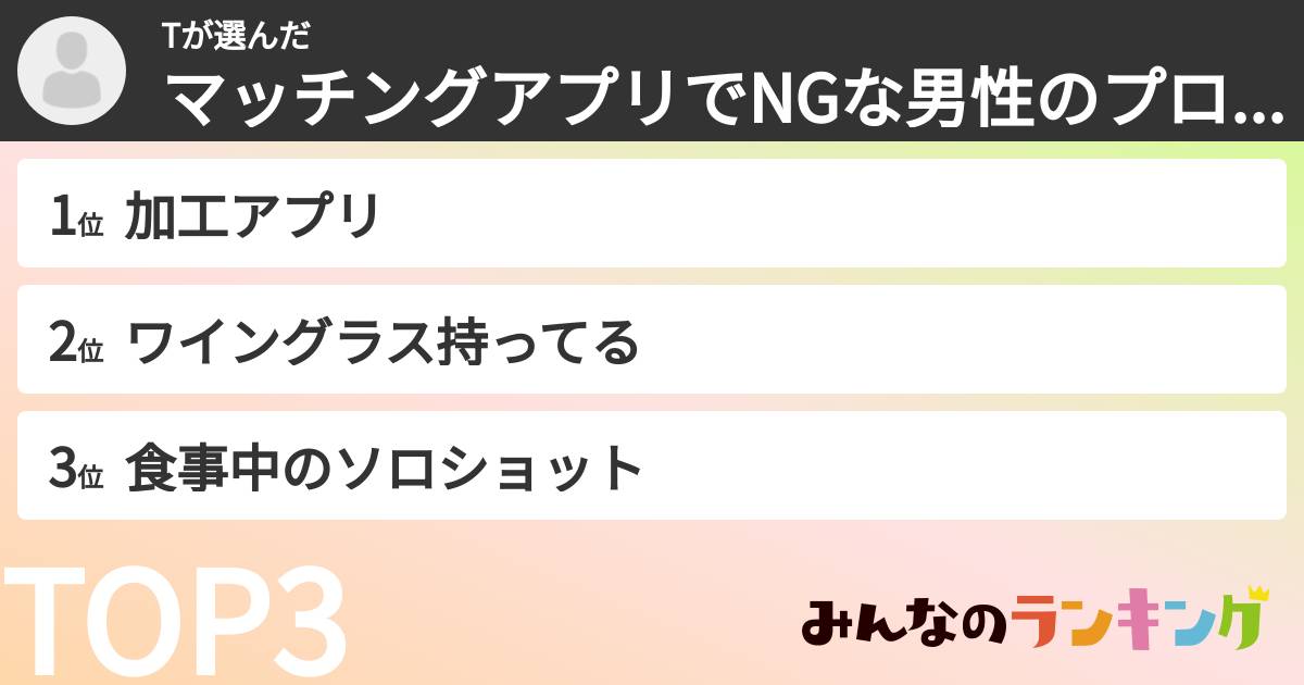Tさんの「マッチングアプリでNGな男性のプロフィール写真ランキング」
