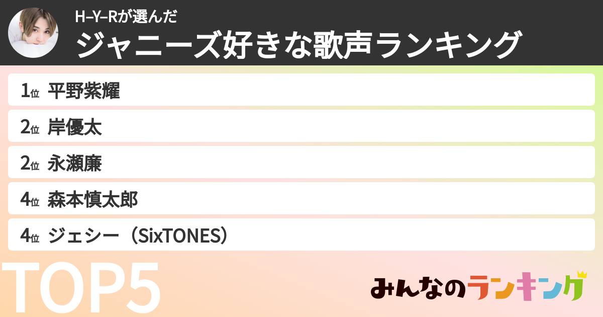 H–Y–Rさんの「ジャニーズ好きな歌声ランキング」