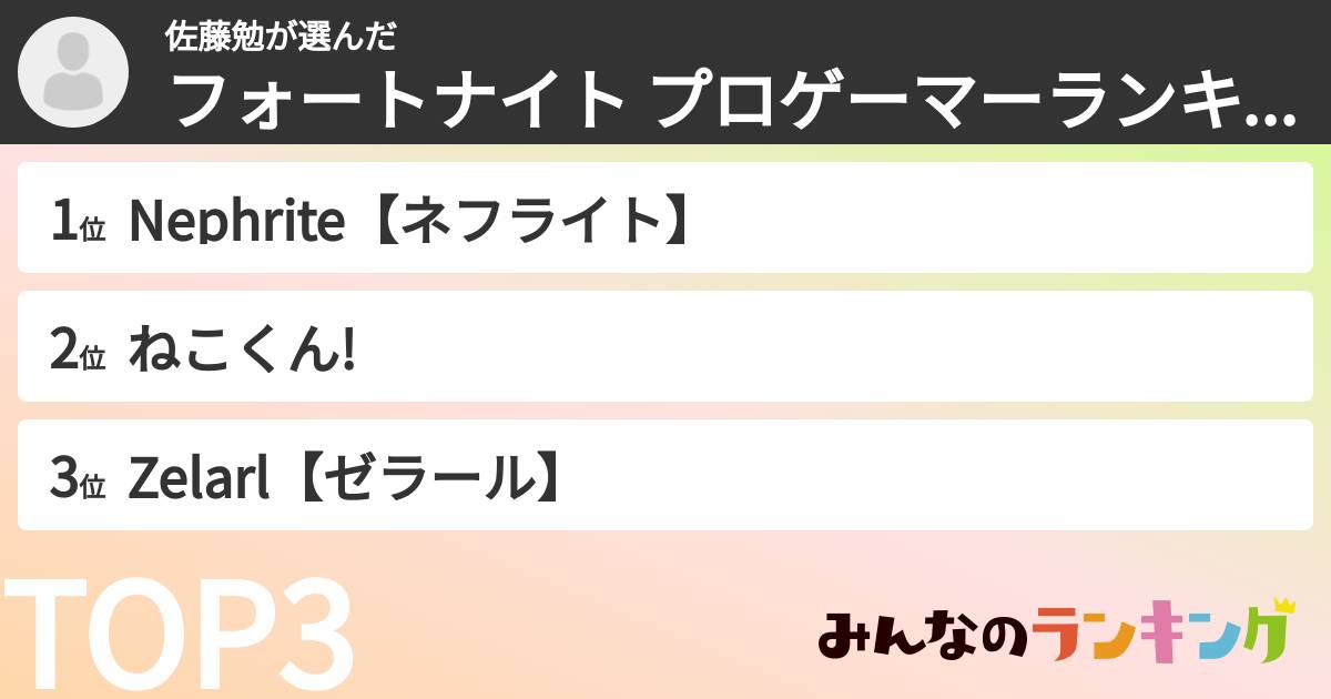 佐藤勉さんの「フォートナイト プロゲーマーランキング」
