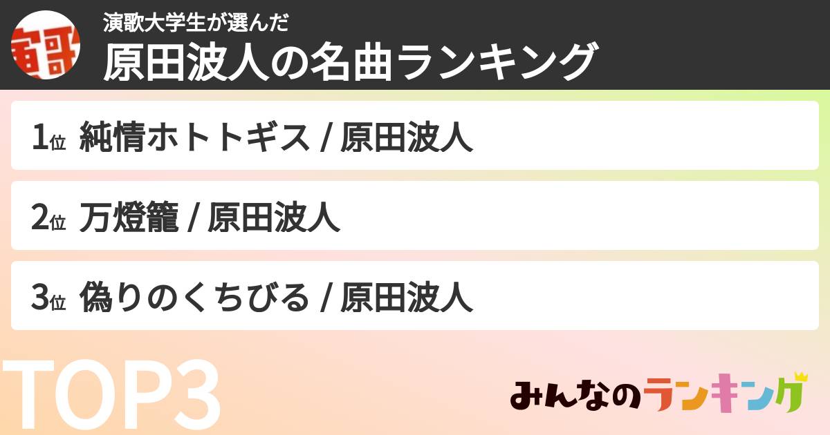 演歌大学生さんの「原田波人の名曲ランキング」