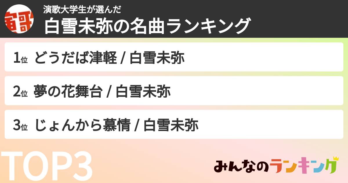 演歌大学生さんの「白雪未弥の名曲ランキング」