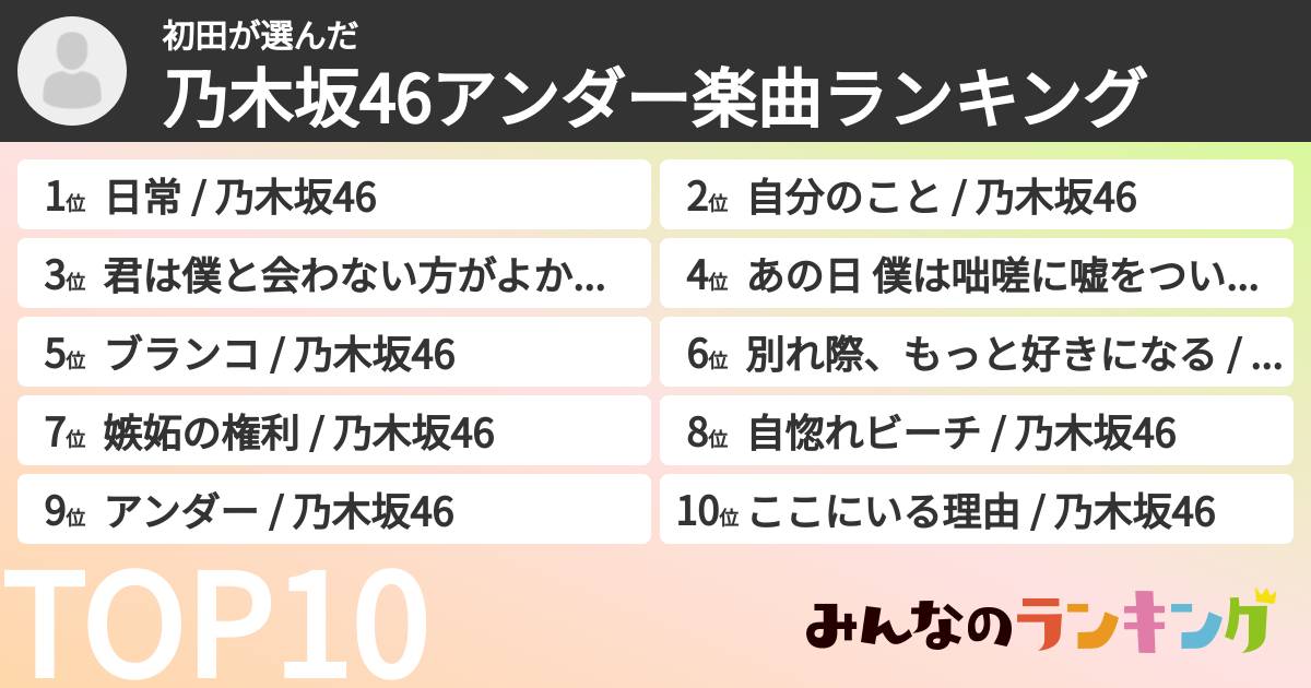 初田さんの「乃木坂46アンダー楽曲ランキング」