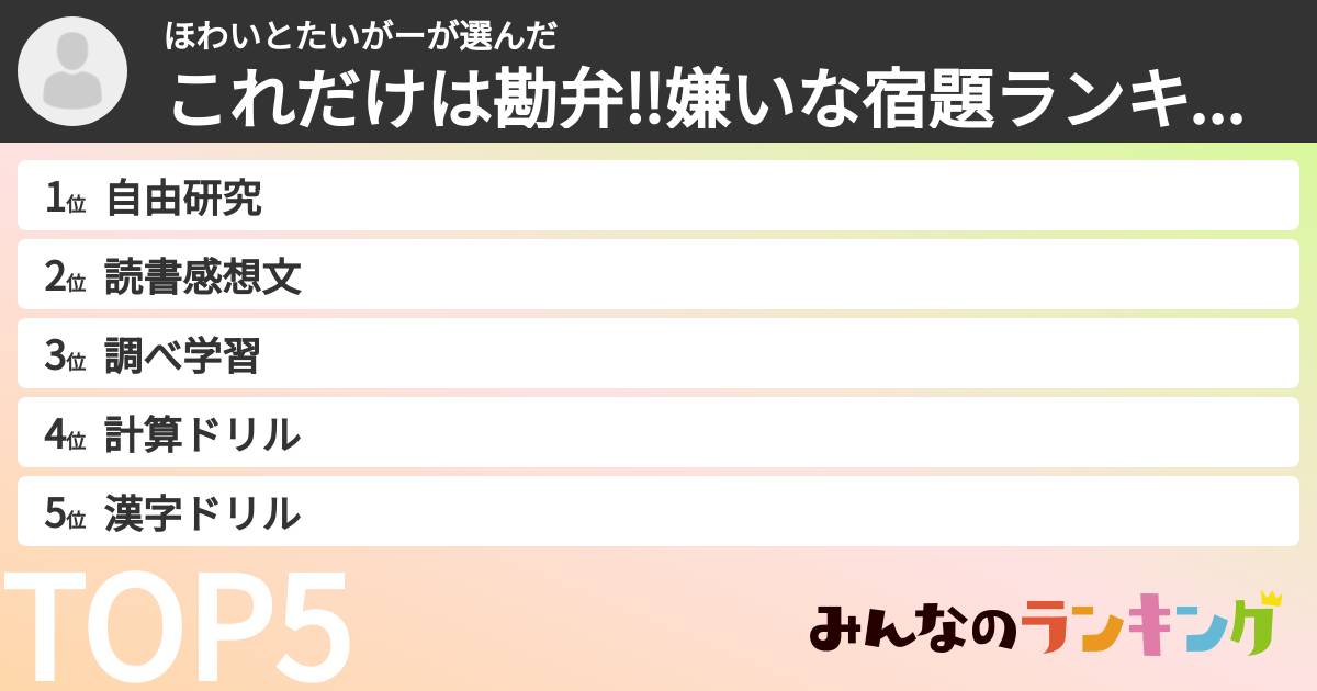 ほわいとたいがーさんの「これだけは勘弁‼︎嫌いな宿題ランキング」