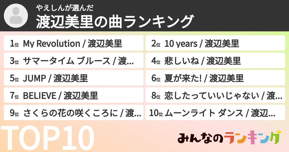 やえしんさんの「渡辺美里の曲ランキング」