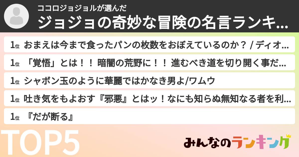 ココロジョジョルさんの「ジョジョの奇妙な冒険の名言ランキング」