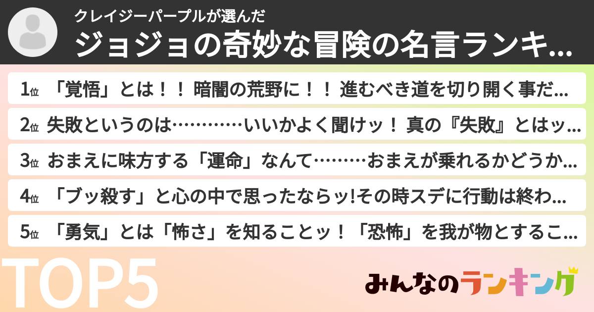 クレイジーパープルさんの「ジョジョの奇妙な冒険の名言ランキング」