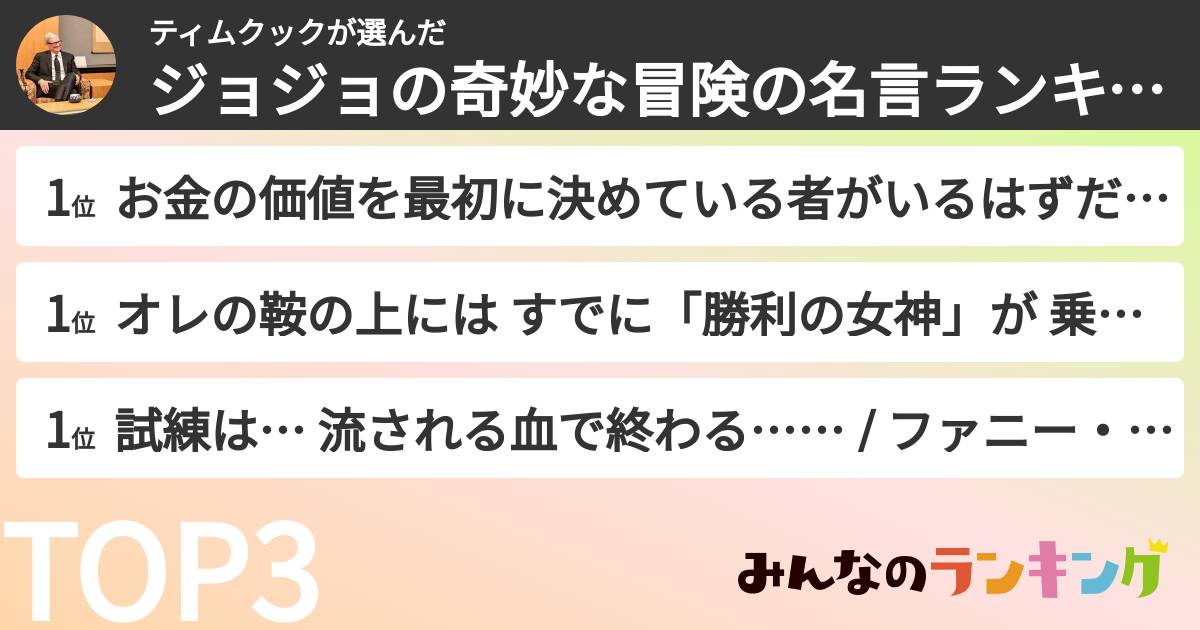 ティムクックさんの「ジョジョの奇妙な冒険の名言ランキング」