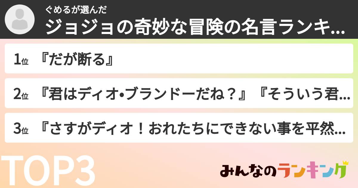 ぐめるさんの「ジョジョの奇妙な冒険の名言ランキング」