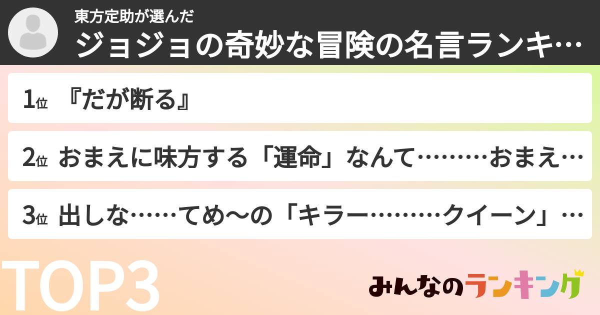 東方定助さんの「ジョジョの奇妙な冒険の名言ランキング」