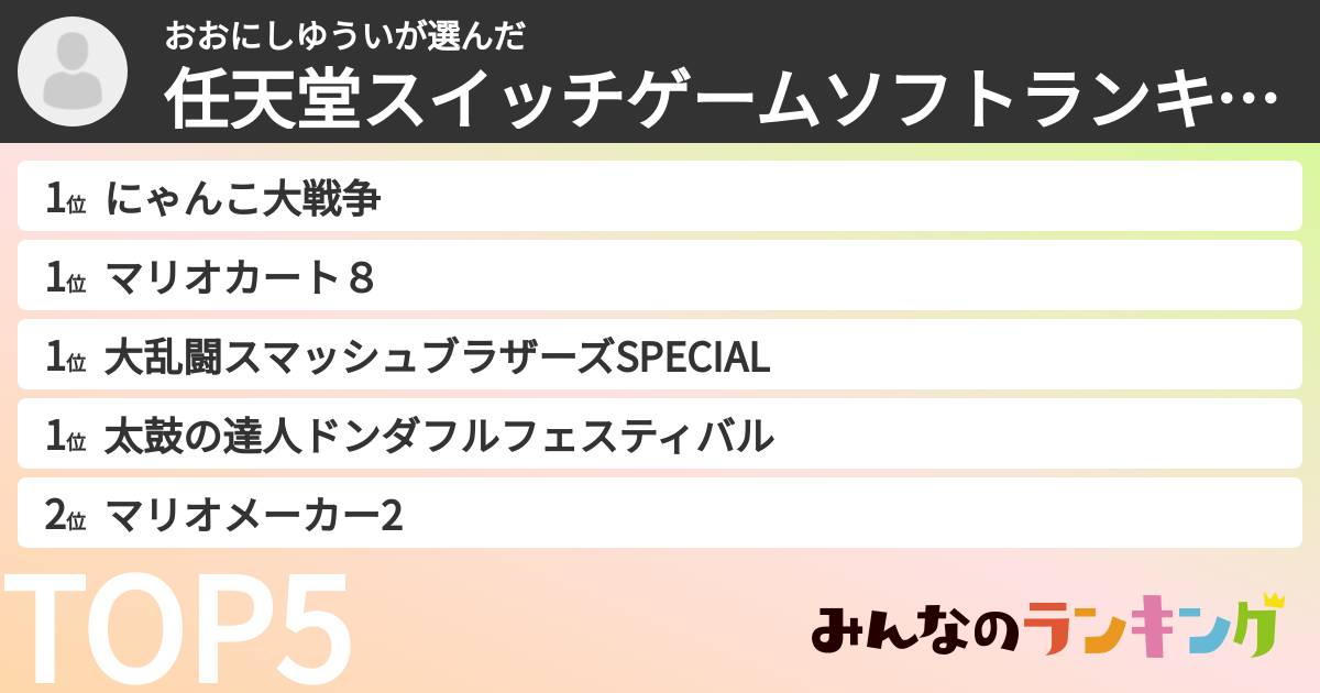 おおにしゆういさんの「任天堂スイッチゲームソフトランキング」