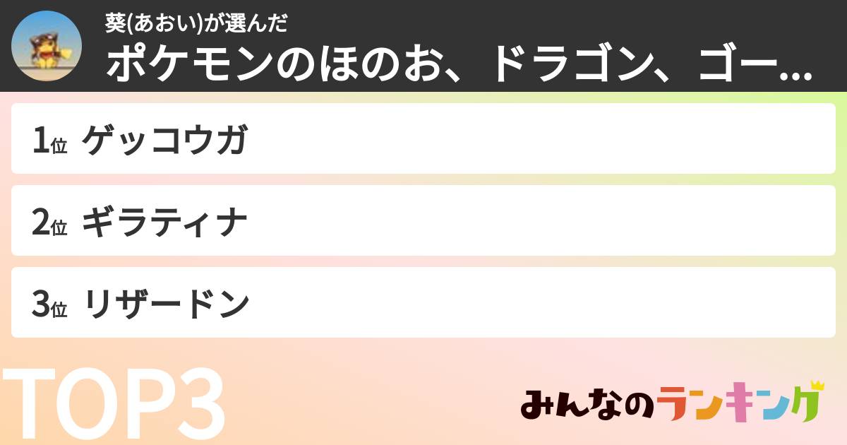 葵(あおい)さんの「ポケモンのほのお、ドラゴン、ゴースト、みず、はがねタイプランキング」