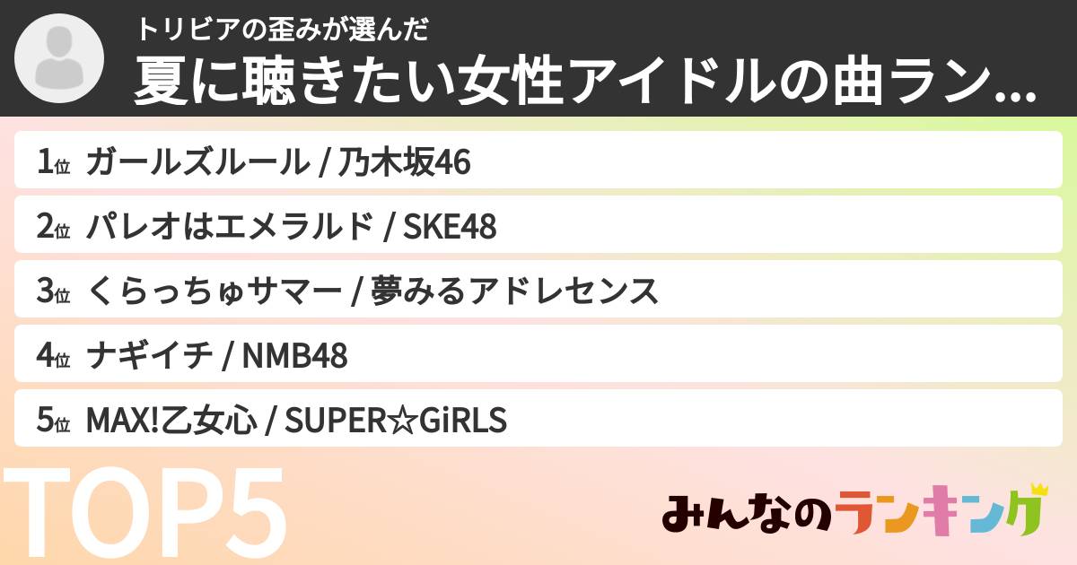 トリビアの歪みさんの「夏に聴きたい女性アイドルの曲ランキング」