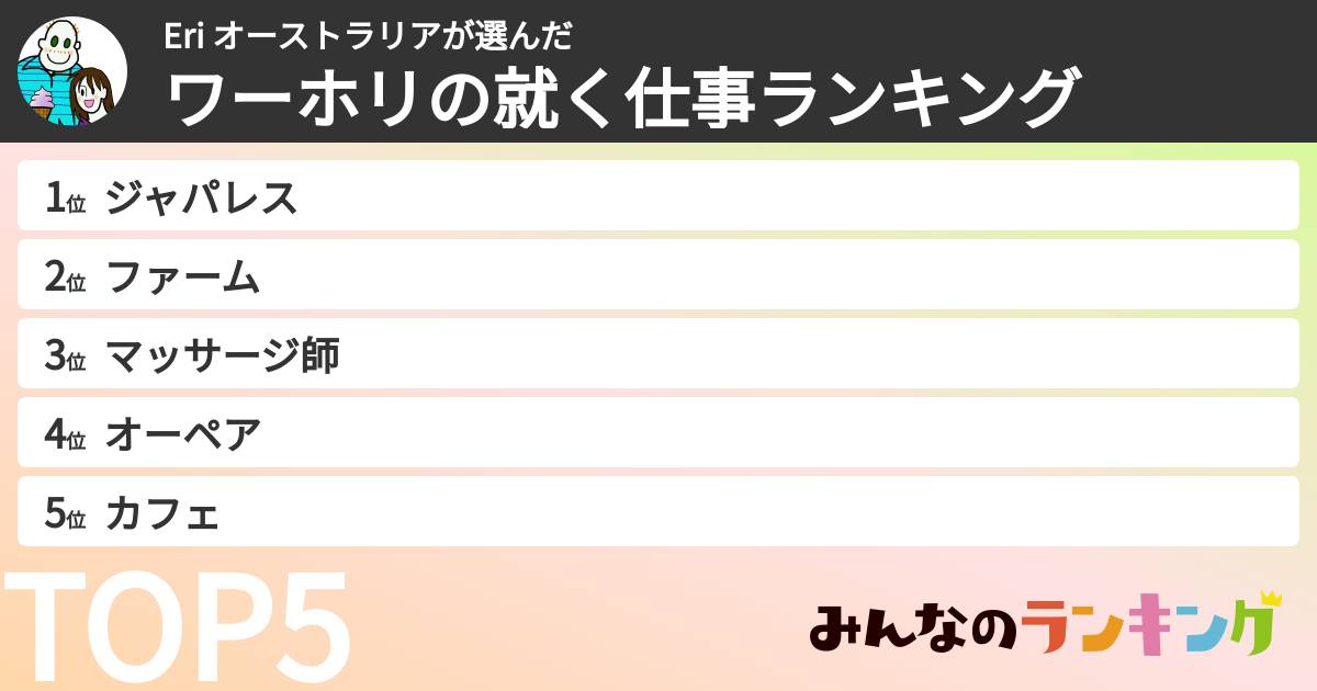 Eri オーストラリアさんの「ワーホリの就く仕事ランキング」